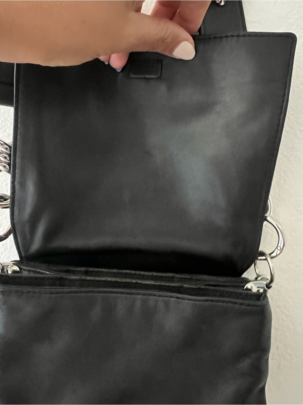 All Saints Black Leather Crossbody Clutch with Chain & Wide Strap - Picture 5 of 16